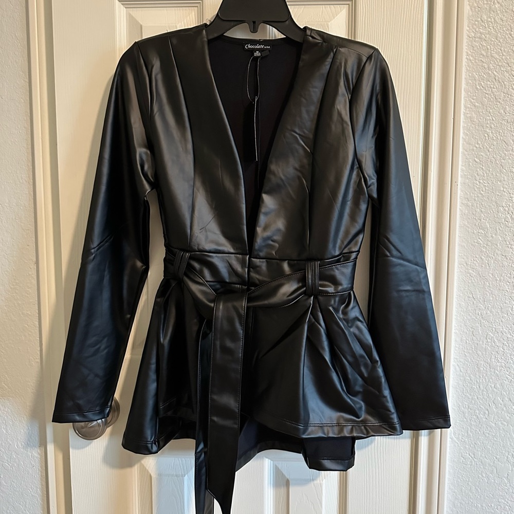 Chocolate USA black faux leather blazer peplum jacket high low waist quiet lux